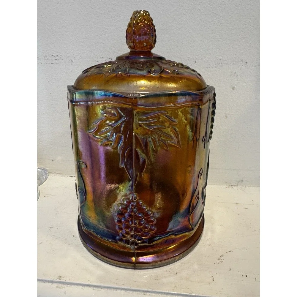 Vintage Marigold Carnival Glass Grape & Cable Biscuit Jar Cookie Jar w/ Lid 8”